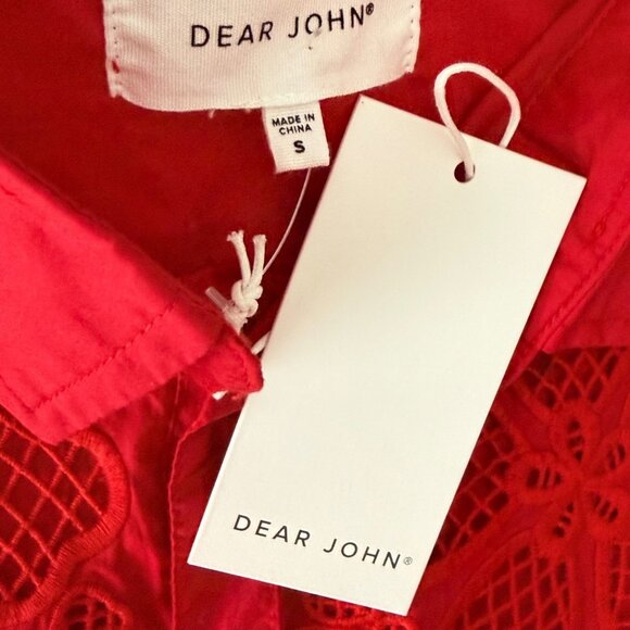 Dear John Womens Red Long Sleeve Button-Up Blouse With Floral Crochet Design Siz - Picture 4 of 5